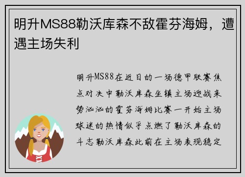 明升MS88勒沃库森不敌霍芬海姆，遭遇主场失利