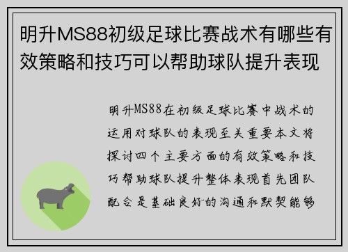 明升MS88初级足球比赛战术有哪些有效策略和技巧可以帮助球队提升表现